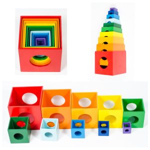 Wooden Rainbow Nesting Cubes with Tunnel Holes